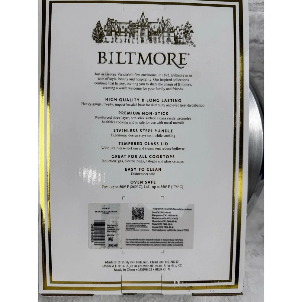 New Biltmore Stainless Steel Non-Stick Saute‎ Pan With Lid 5 Qt Tri-Ply Base